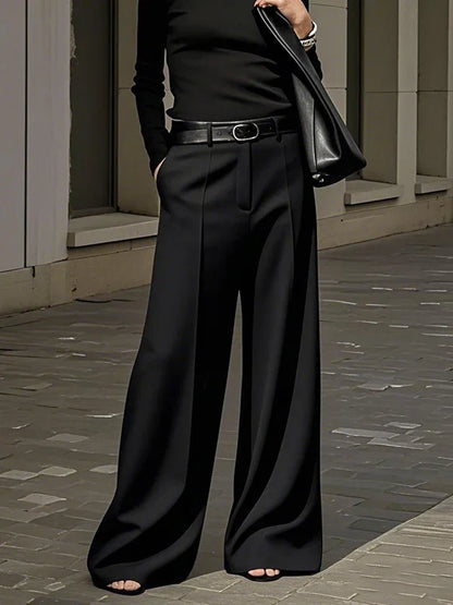 Yeezzi Women's Fashion Simple Solid Color High Waist Wide Leg Pants Loose Urban Casual Office Formal Trousers Bottoms No Belt