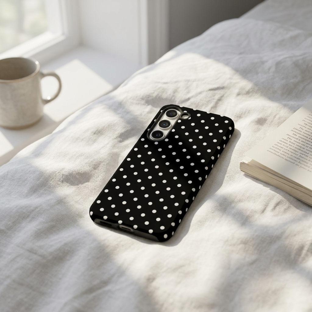 Samsung Tough Phone Case - Black Polka Dot