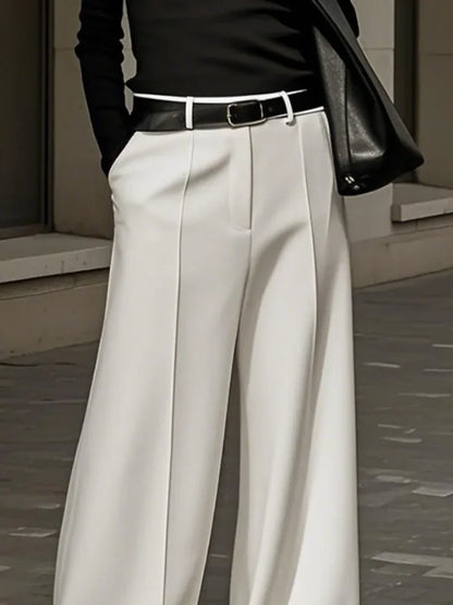Yeezzi Women's Fashion Simple Solid Color High Waist Wide Leg Pants Loose Urban Casual Office Formal Trousers Bottoms No Belt