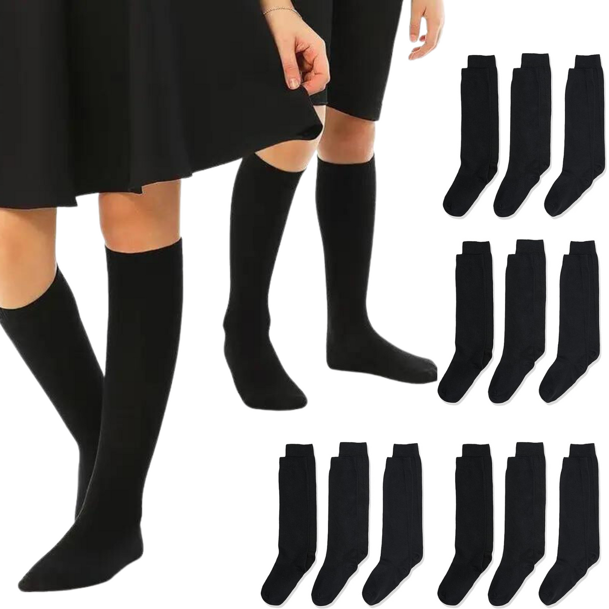 12X Pairs School Uniform Knee High Socks Cotton Rich Girls Boys Kids Bulk Black
