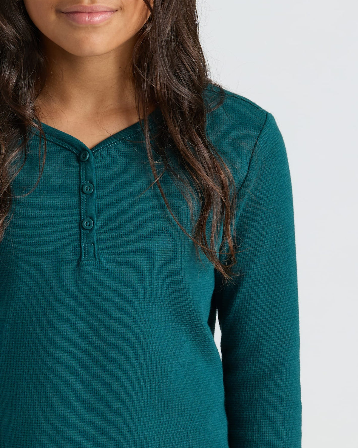 Girls Deep Emerald Long Sleeve Boxy Waffle Henley