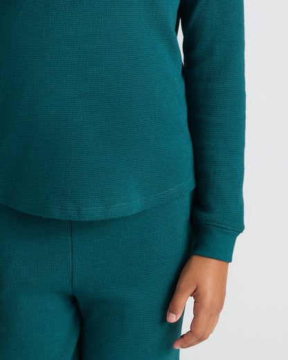 Girls Deep Emerald Long Sleeve Boxy Waffle Henley