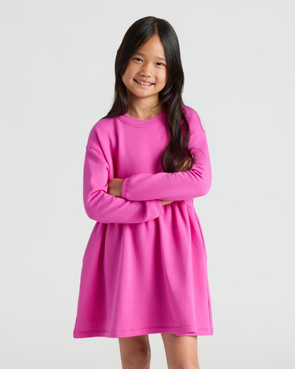 Girls Electric Fuchsia Long Sleeve Fleece Dress