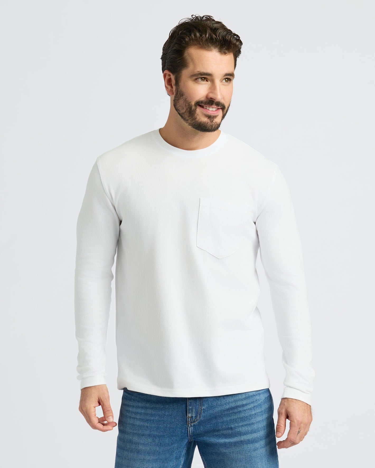 White Heavyweight Long Sleeve Pocket Crew 4-Pack