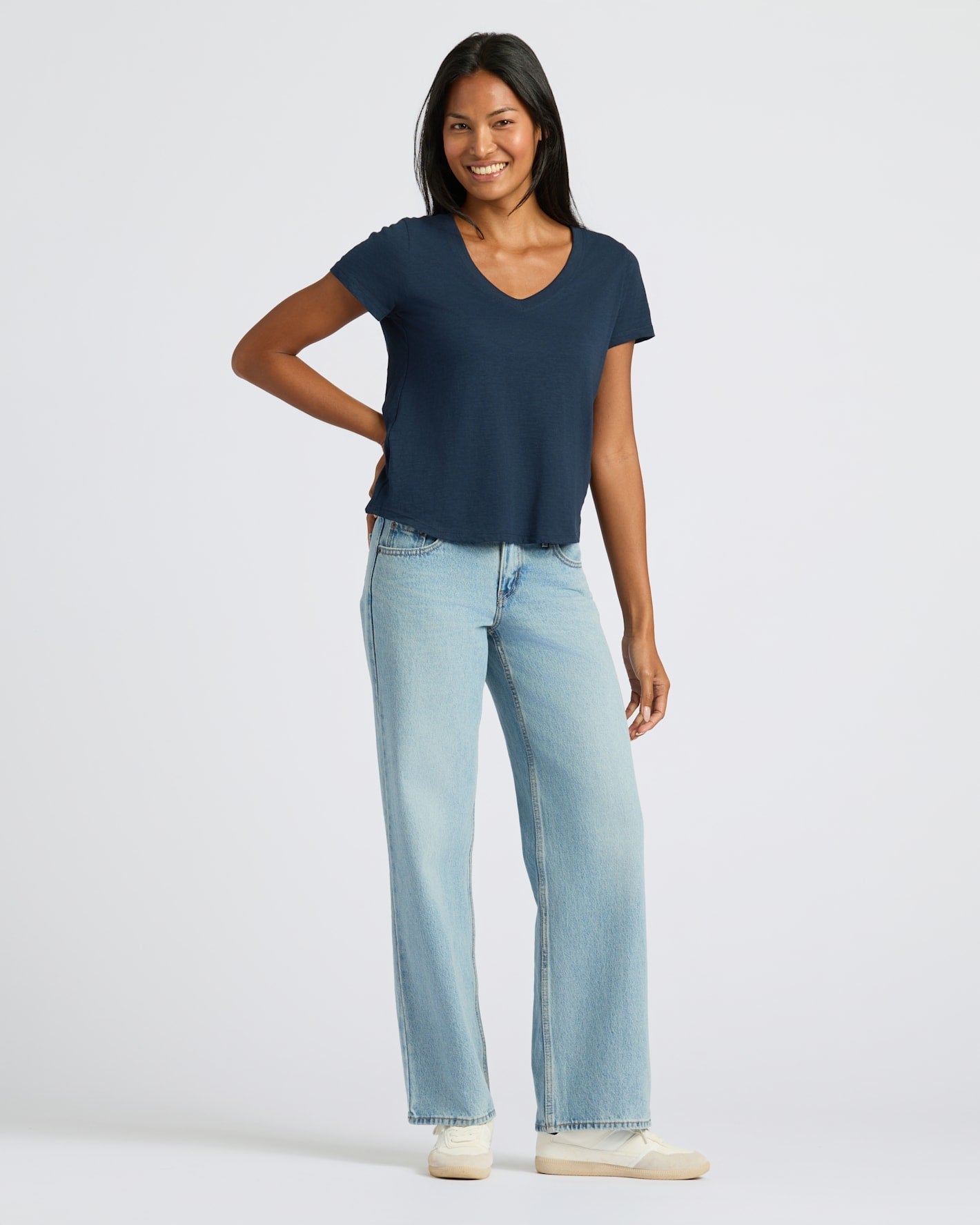 Womens Navy & White Relaxed Slub V-Neck Tee 4-Pack