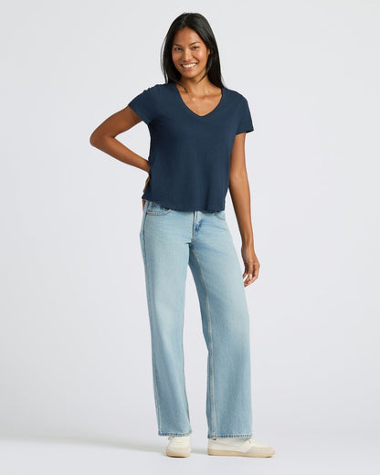 Womens Navy & White Relaxed Slub V-Neck Tee 4-Pack