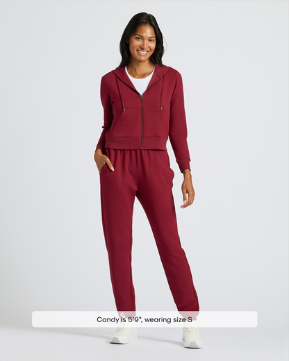 Womens Dark Maroon Crop Zip Hoodie & Relaxed Jogger 2-Pack