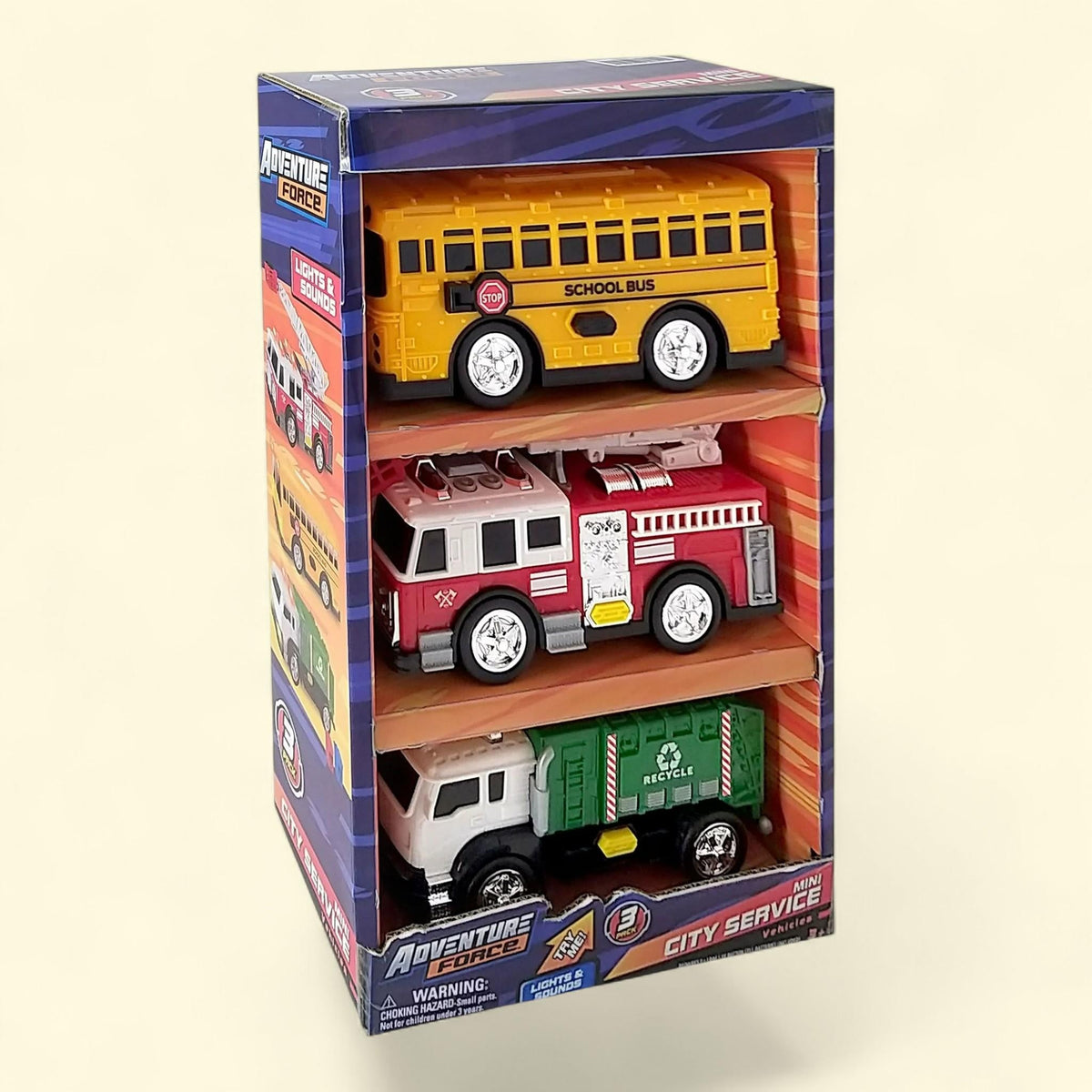 Adventure Force Mini City Service Vehicles, 3 Pack, School Bus, Fire Truck, Recycling Truck 3 - 14 Years,  11.88 in
