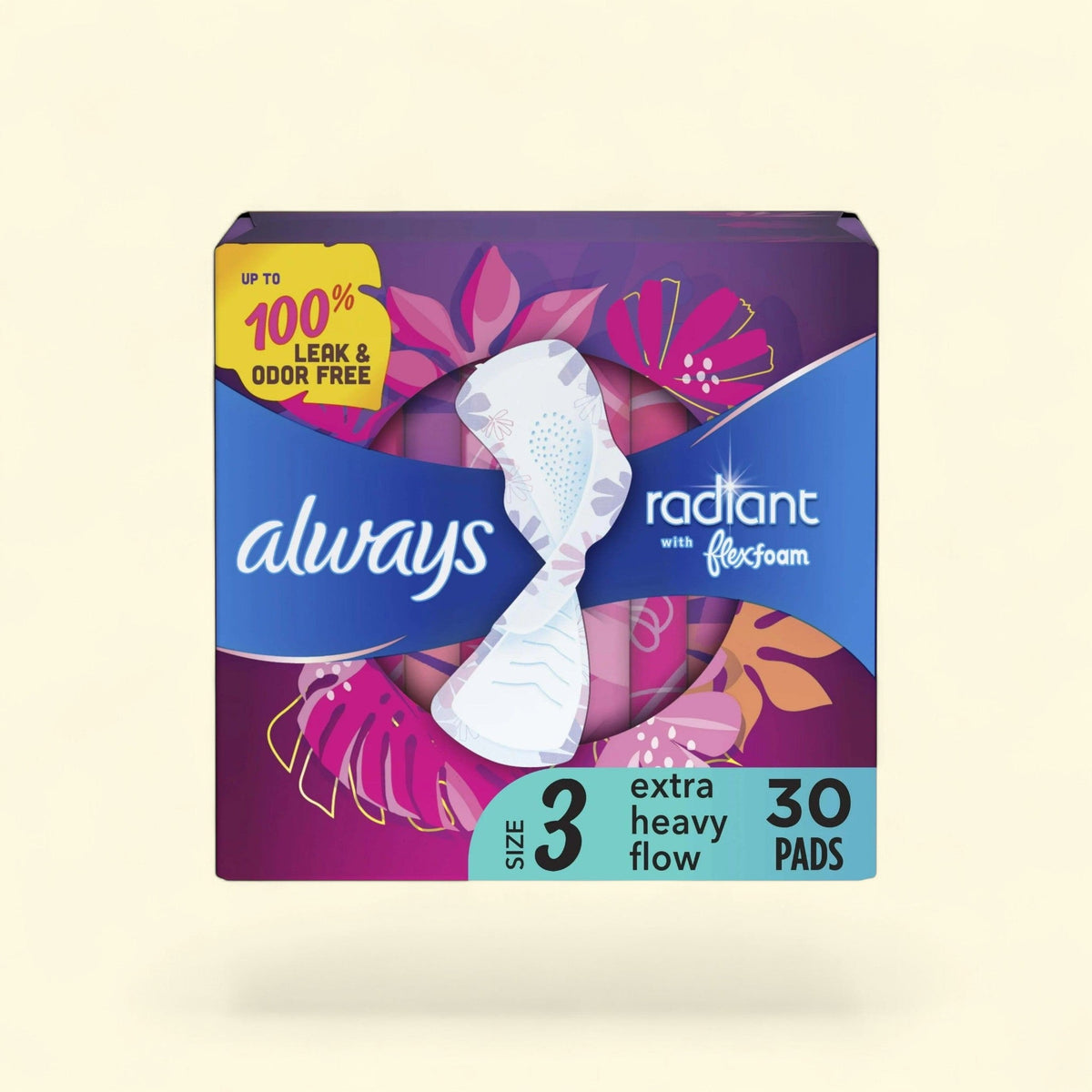 Always Radiant Feminine Pads with Wings, Size 3, 30 CT