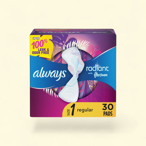 Always Radiant Feminine Pads with Wings, Size 1, Regular Absorbency, 30 Count
