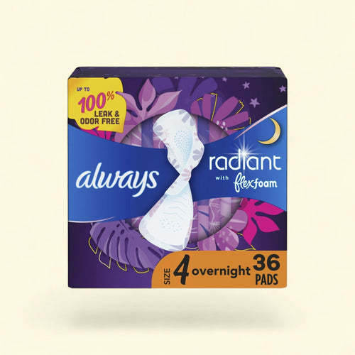 Always Radiant Feminine Pads, Size 4, Overnight Absorbency, 36 CT