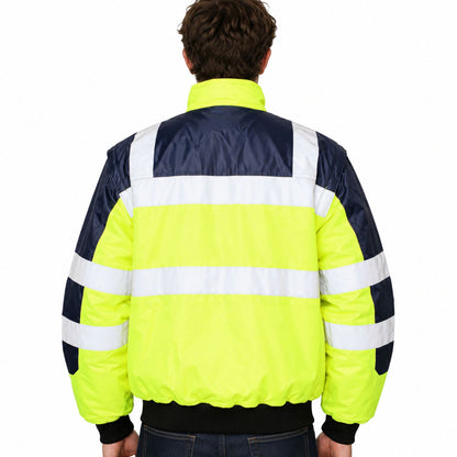3 In 1 Hi Vis Safety Bomber Jacket Waterproof Reflective Quilted Yellow Navy