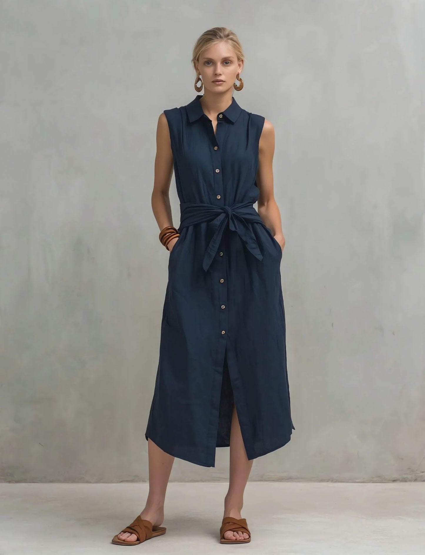 Women's Cotton-Linen Bag-Style Sleeveless Dress – Straight Cut
