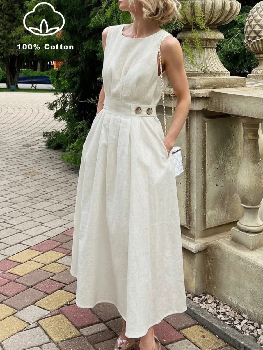 Women's French Minimalist Sleeveless Crew-Neck Midi Dress – White S–XXL