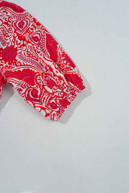 Red Paisley Print Side Slit Puff Sleeve High Waist Maxi Dress
