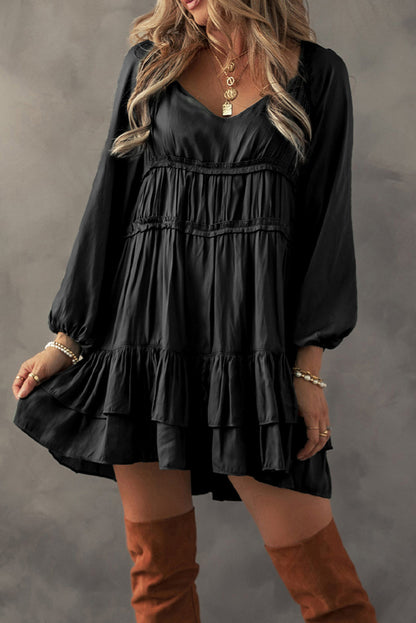 Apricot Tiered Ruffled Puff Sleeve Loose Fit Mini Dress