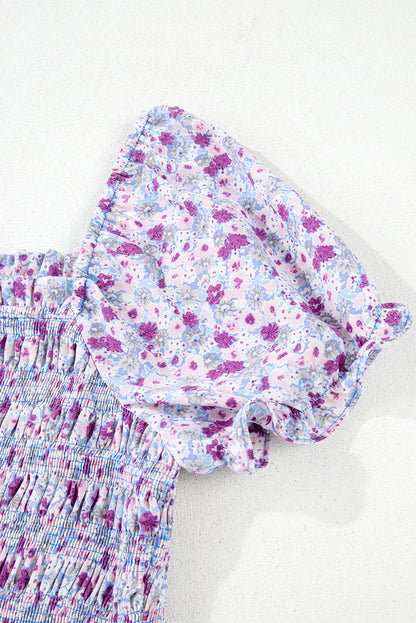 Purple Floral Short Bubble Sleeve Smocked High Waist Maxi Dress