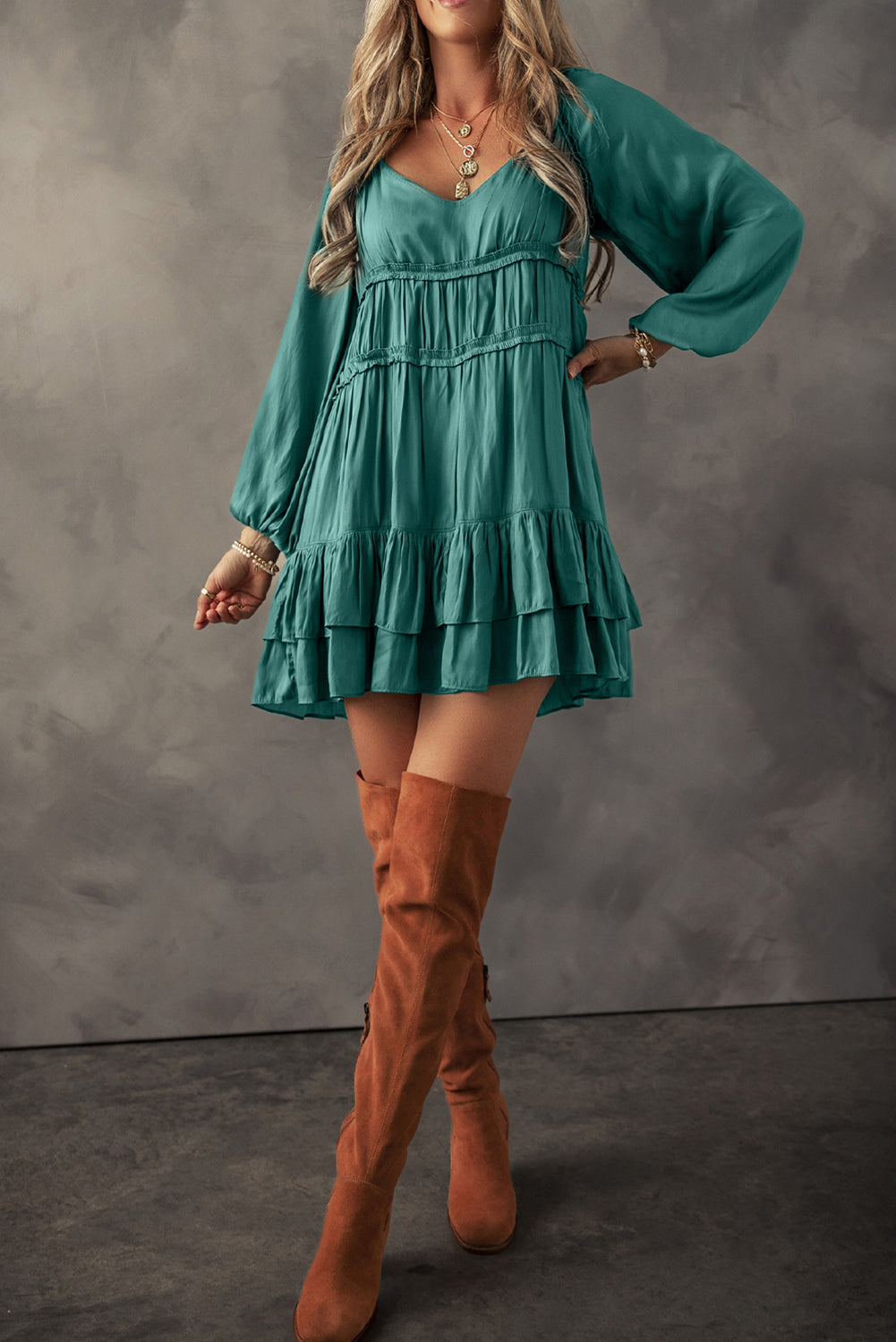 Apricot Tiered Ruffled Puff Sleeve Loose Fit Mini Dress