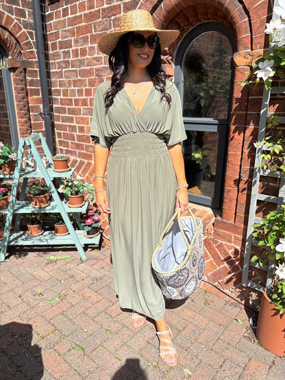 Aydan Bat Sleeved V-neck Slit Dress