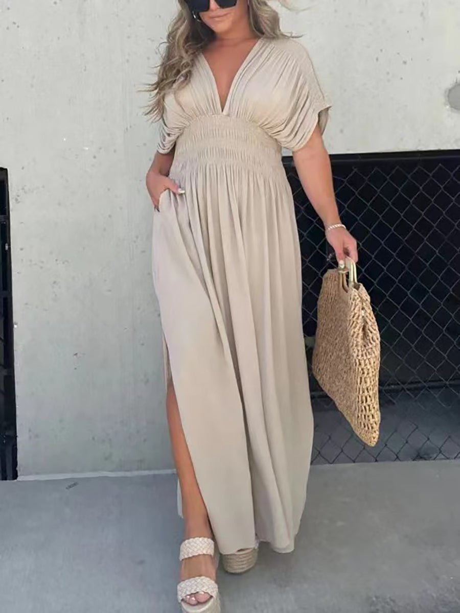 Aydan Bat Sleeved V-neck Slit Dress
