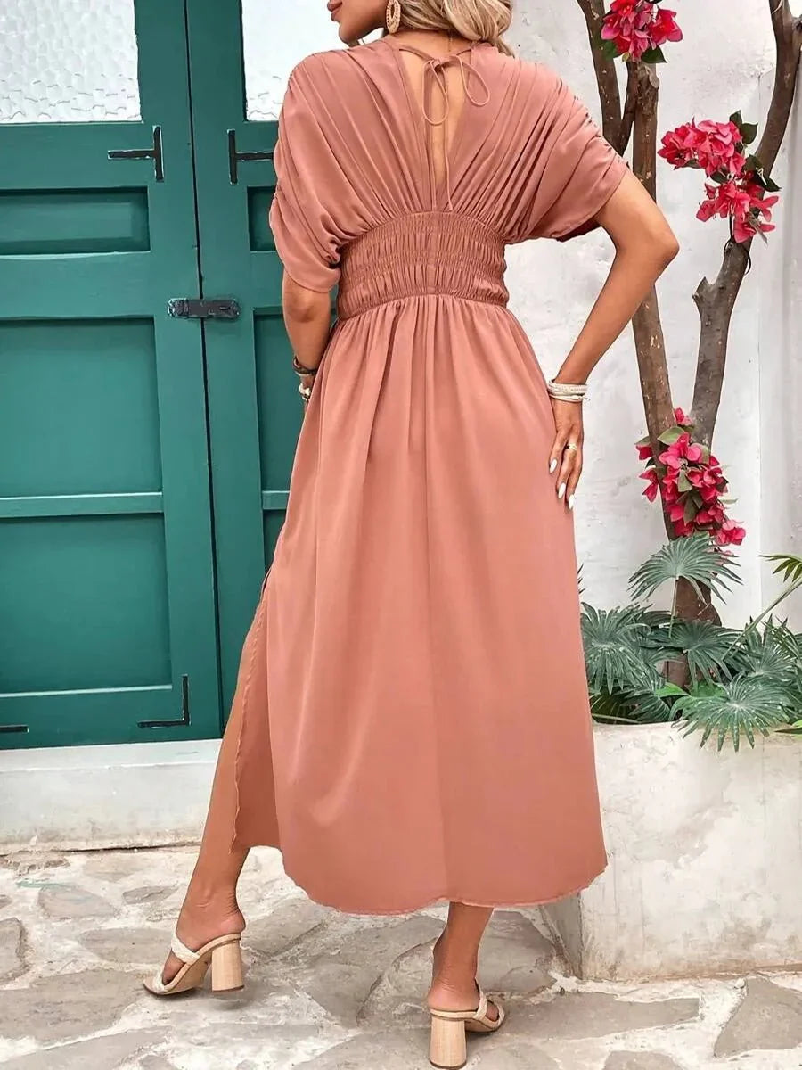 Aydan Bat Sleeved V-neck Slit Dress