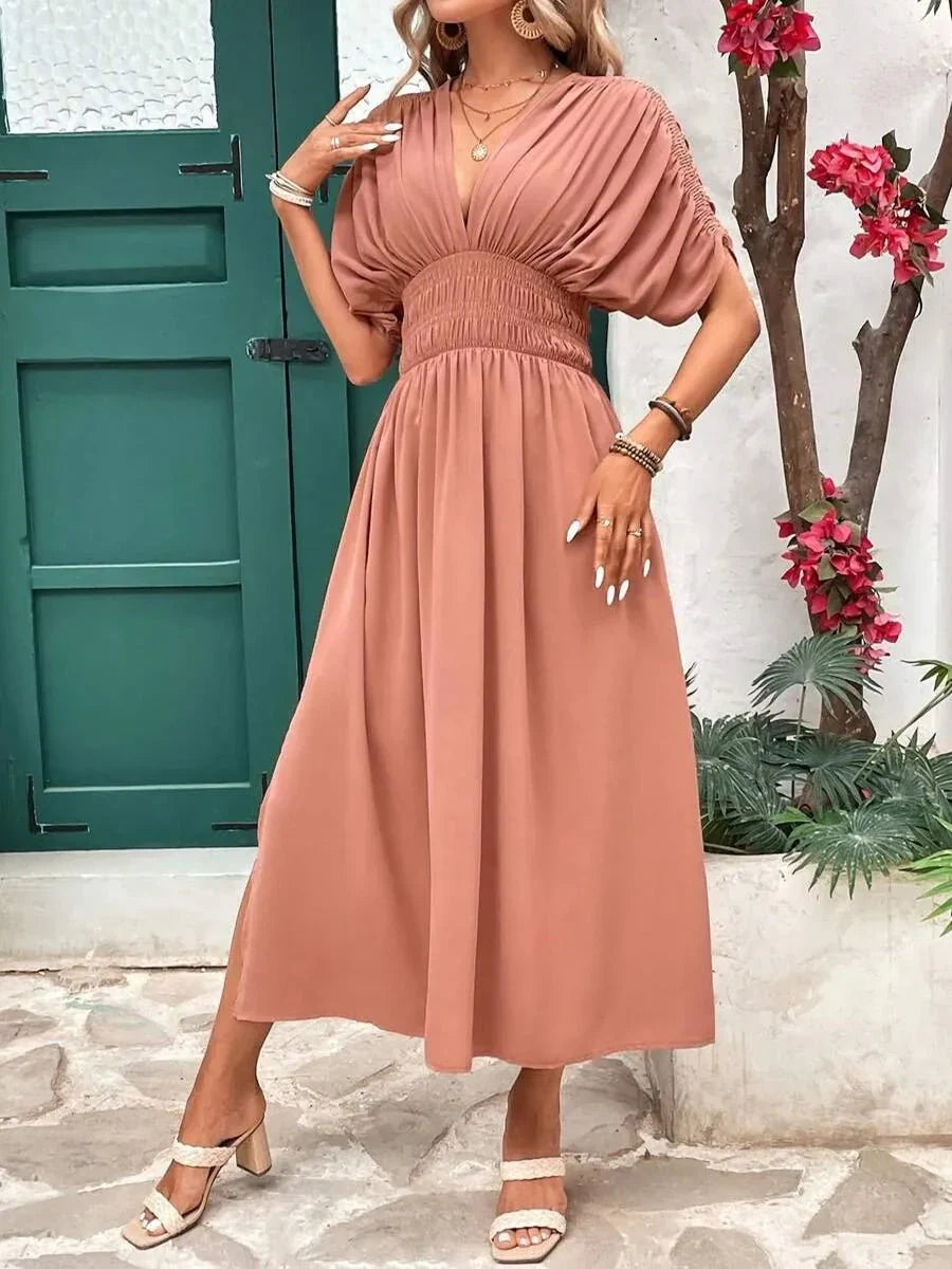 Aydan Bat Sleeved V-neck Slit Dress