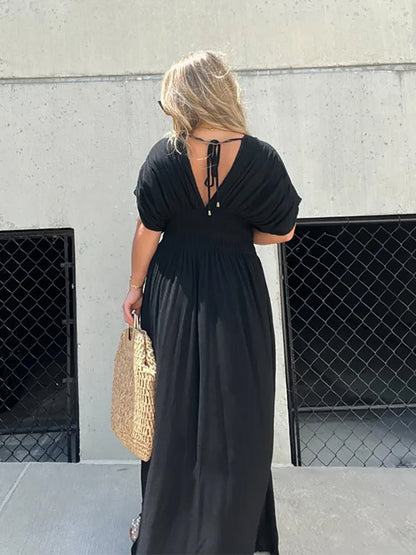 Aydan Bat Sleeved V-neck Slit Dress
