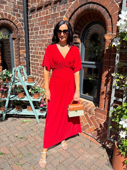 Aydan Bat Sleeved V-neck Slit Dress