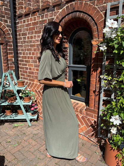 Aydan Bat Sleeved V-neck Slit Dress