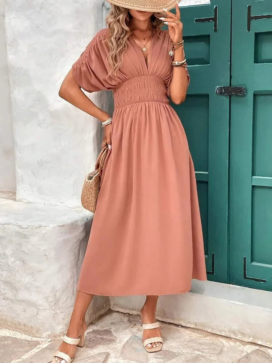 Aydan Bat Sleeved V-neck Slit Dress