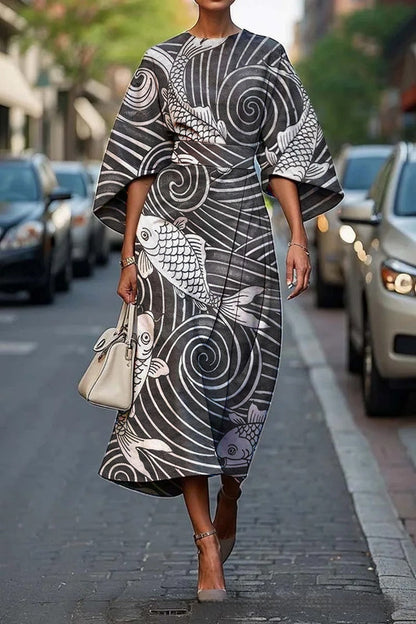 Geometric Print Batwing Sleeve Flowy Maxi Dress – 12 Styles, XS–XXXL