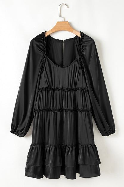 Apricot Tiered Ruffled Puff Sleeve Loose Fit Mini Dress