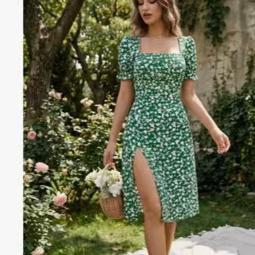 French Style Square Neck Floral Dress | Puff Sleeve A-Line