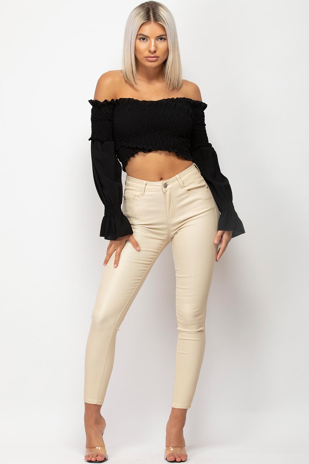 Beige Coated Denim Skinny Jeans