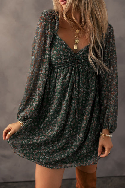 Blue Floral Print Sweetheart Neck Shirred Back Mini Dress