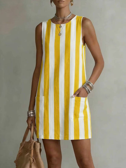 Women's Striped Color-Block Sleeveless Mini Dress – Loose Fit