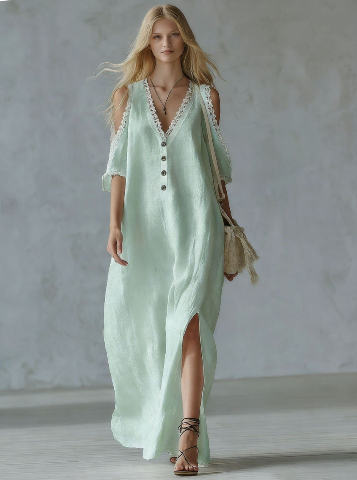 Women's Lace-Trim Loose A-Line Dress – Three-Quarter Sleeve Maxi