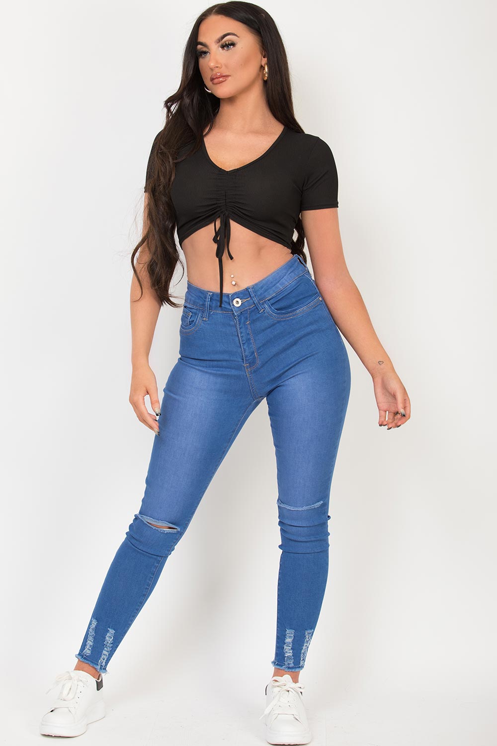 Black Crop Top With Ruched Front