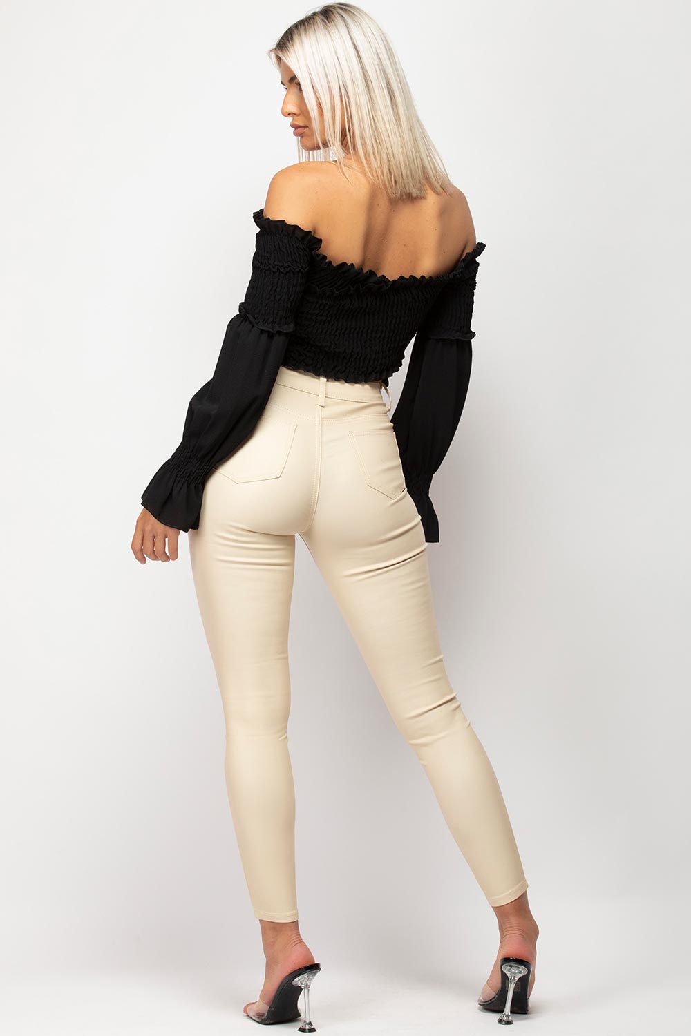 Beige Coated Denim Skinny Jeans