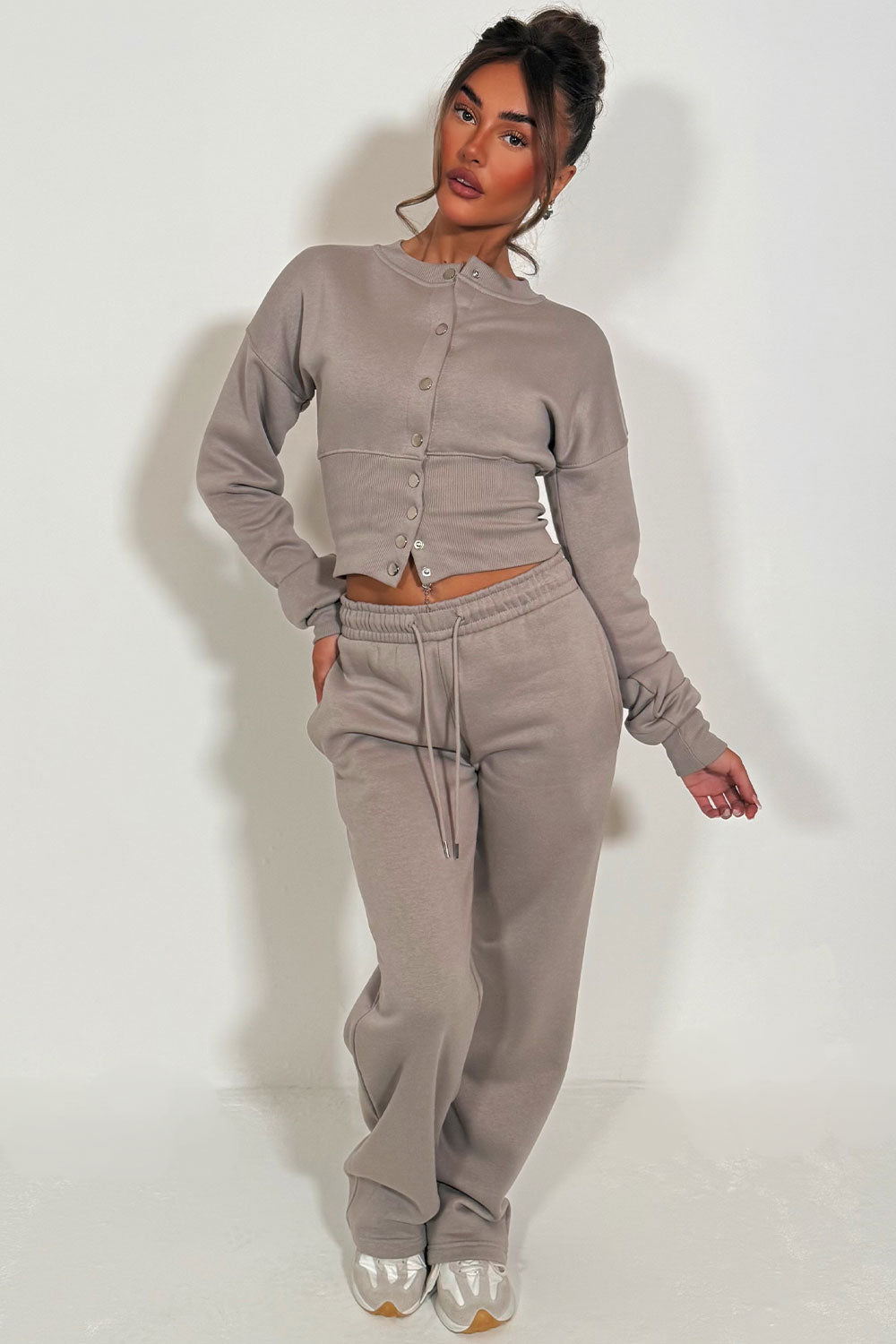 Button Up Corset Sweatshirt And Jogger Tracksuit Co Ord Dove Grey