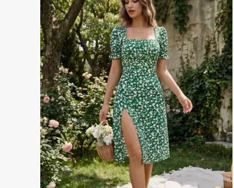 French Style Square Neck Floral Dress | Puff Sleeve A-Line