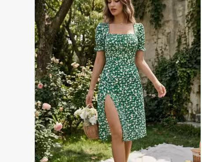 French Style Square Neck Floral Dress | Puff Sleeve A-Line