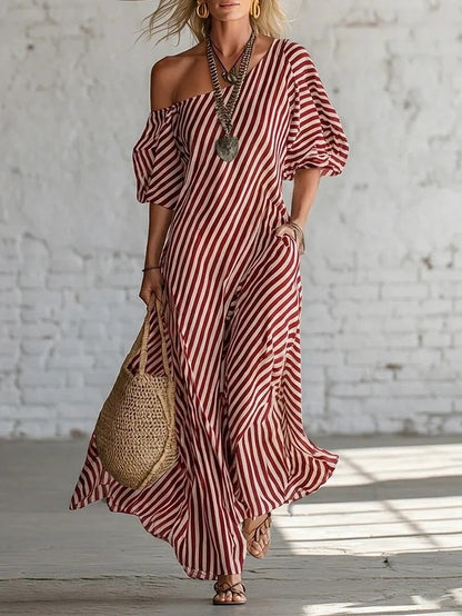 Women's Striped Off-Shoulder Elegant Midi Dress