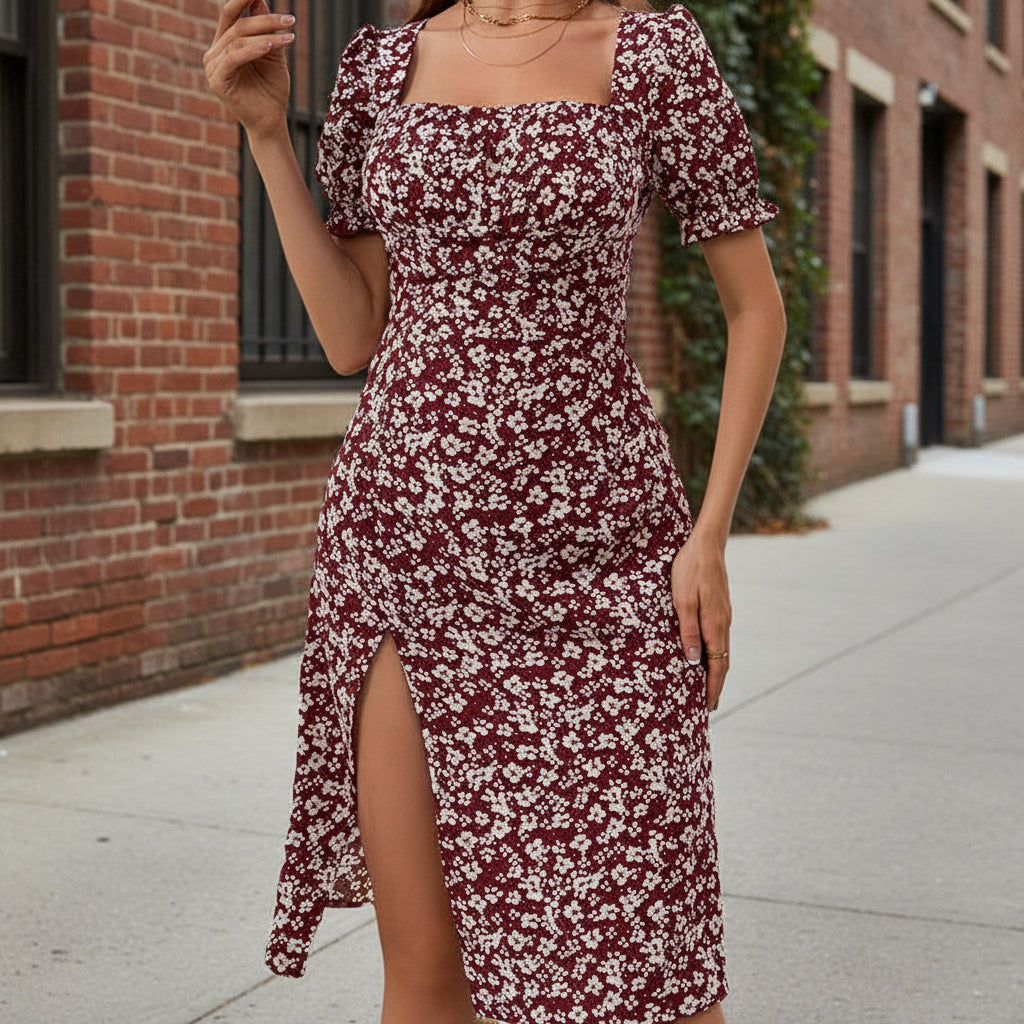 French Style Square Neck Floral Dress | Puff Sleeve A-Line