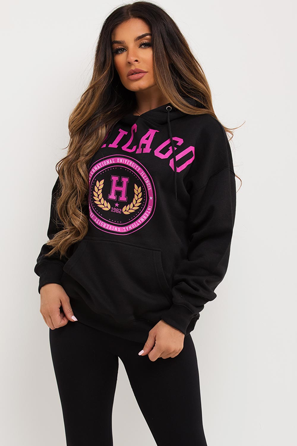 Black Oversized Hoodie With Chicago Print