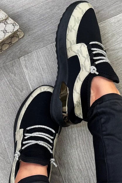 Black Lace Up Trainers With Diamante Detail