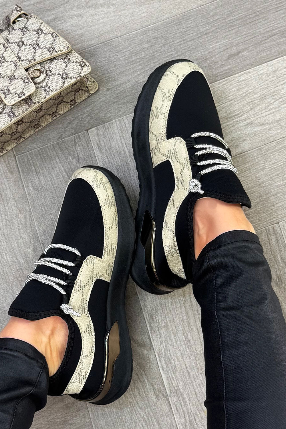 Black Lace Up Trainers With Diamante Detail