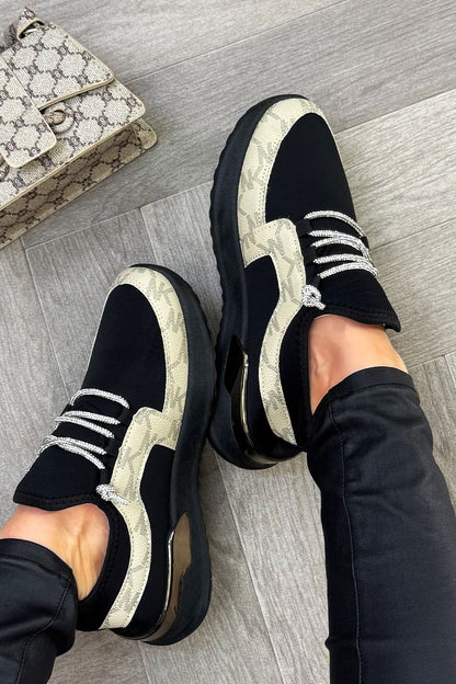 Black Lace Up Trainers With Diamante Detail