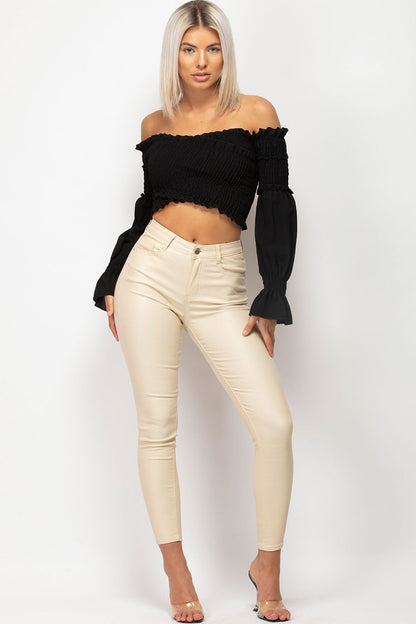 Beige Coated Denim Skinny Jeans