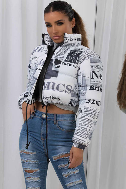 Cropped Puffer Jacket Newspaper Print